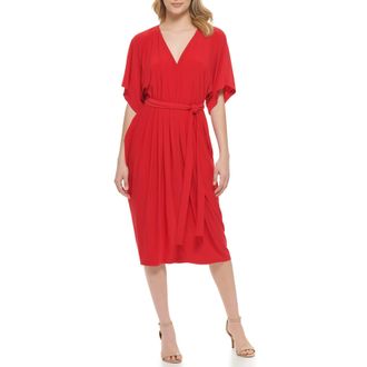 Tommy Hilfiger Womens Red Belted Solid Long Sleeve Round Neck Above The Knee Fit + Flare Cocktail Dress UK Size:16