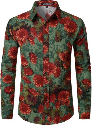PARKLEES Mens Cotton Linen 70s Disco Retro Traditional Pattern Printed Long Sleeve Button Down Shirt Green Flowers XXX-Large