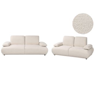 Beliani Conjunto De Sala De Estar Sof&aacute;s De 3 Y 2 Plazas Tapizado Patas De Madera Respaldo Y Reposabrazos Ajustables De Boucl&eacute; Blanco Crema Nacka