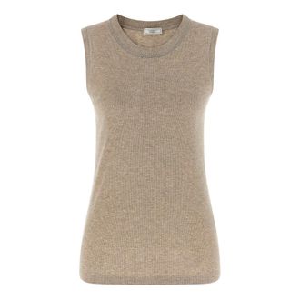 PESERICO Punto Luce Crewneck Rib Knit Top - female - Peserico - Sleeveless Tops - Beige - L - Tops
