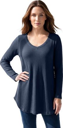Roaman's Plus Size Knit Thermal V Neck Swing Tunic Long Sleeve in Navy at Nordstrom, Size 24
