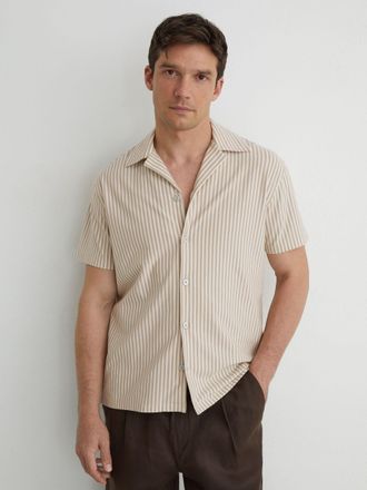 Reiss Stone & white Cotton-blend Stripe Cuban-collar Shirt, Xxl