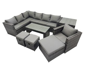 Fimous 8 Pieces Garden Furniture Corner Sofa Set & 3 Footstools Side Table in Dark Grey