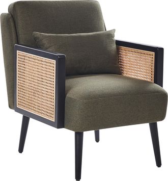 Beliani Sill&oacute;n Tradicional De Poli&eacute;ster Estructura Negra De Madera Con Rat&aacute;n Trenzado Patas De Madera Tapones De Pl&aacute;stico Con Coj&iacute;n Verde Orum
