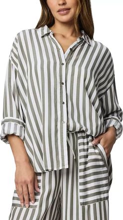 Splendid Ella Stripe Button Down Shirt In Soft Vintage Olive Branch/white