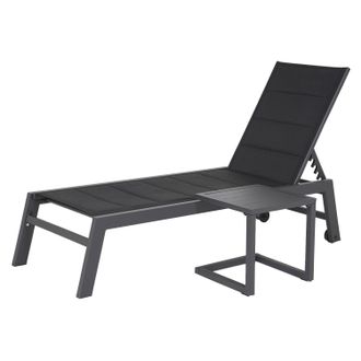 Happy Garden Conjunto De Tumbona Y Mesa Auxiliar Barbados De Textileno Negro Aluminio Gris Antracita