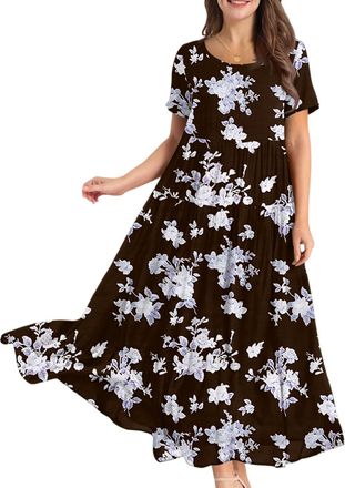 Generic Women Dresses Size 14 UK, Womens Summer Long Dresses Casual Short Sleeve Crew Neck Maxi Sundress Ladies Loose Tshirt Dress Boho Floral Beach Sundresse