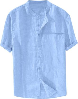 Generic Mens Cotton Linen Casual Short Sleeve,Solid Colour Imitation Linen Short-Sleeved Shirts Collar Plain Tops Striped Button Down Shirt Gym Cotton Shirts 