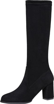 Generic Winter Women Mid Calf Boots Fashionable Retro Pattern Solid Color Pointed Toe Design for Autumn Winter Warm Comfort Footwear (Black, 4. 5)