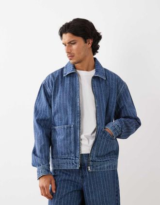Asos Giacca di jeans a righe lavaggio blu medio in coordinato