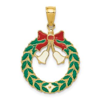 Diamond2Deal 14k Yellow Gold Enameled Christmas Wreath Pendant