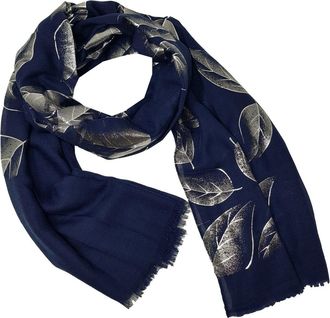 World of Shawls New Ladies Womens Glitter Foil Sparkle Print Scarf Scarves (Beech Leaf - Navy)