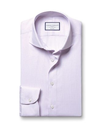 CHARLES TYRWHITT Non-Iron Performance Twill Fine Checkered Cotton Formal Shirt - Lilac Purple Single Cuff Size Small by Charles Tyrwhitt