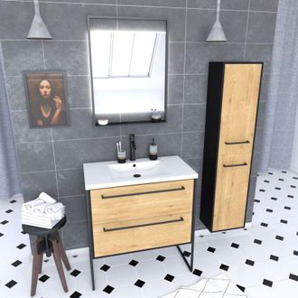 Aurlane Aurlane - Mobile Bagno 80 cm, Lavabo Bianco, Specchio led e Colonna - Rovere e Nero - structura