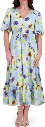 Kensie Puff Sleeve Midi Dress in Light Blue Multi at Nordstrom Rack, Size 16