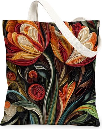 Generic Spring Quilting Paper Tulip Flower Canvas Tote Bag for Shopping 13x15, Floral Wildflower Reusable Grocery Print Pattern Bag for Women Men, Garden Aest