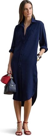 Lauren Ralph Lauren Double-Faced Georgette Shirtdress Womens Dress Refined Navy : 14, Polyester