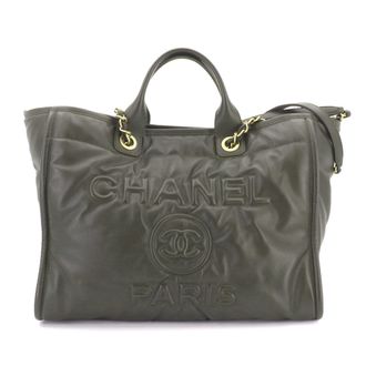 Chanel Khaki Leather Handbag Pouch Tote Bag (Pre-Owned)