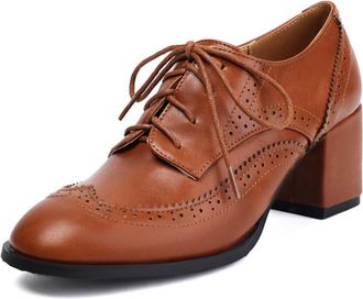 Generic Womens Lace Up Oxford Dress Shoes Brogue Perforated Round Toe Chunky Block Heel Cushioned Insole Comfortable Vintage Style Footwear,Brown,10.5 UK