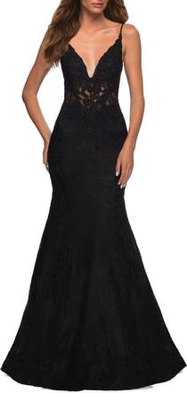La Femme Mermaid Lace Prom Dress with Sheer Jeweled Bodice in Black at Nordstrom, Size 00