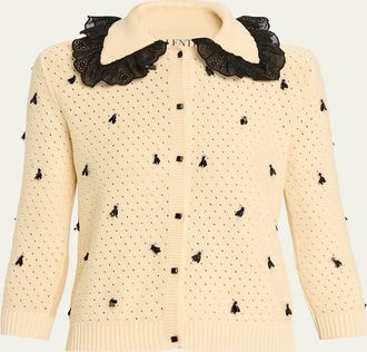 Valentino Garavani Pointelle Micro Tassel Ruffled Cardigan