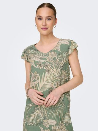 Only V-Shirt ONLY ONLPALINA LIFE SS V-NECK TOP PTM, Damen, Gr. XS (34), gr&uuml;n (hedge gr&uuml;n aop:lovely palm), Single Jersey, Obermaterial: 100% Viskose, gemus