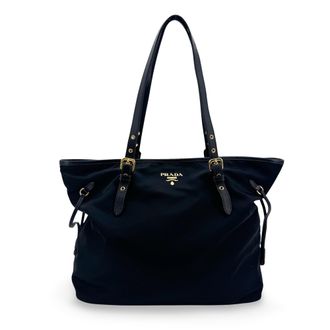 Prada Tessuto Nylon Crossbody Tote Bag Black Gold Hardware