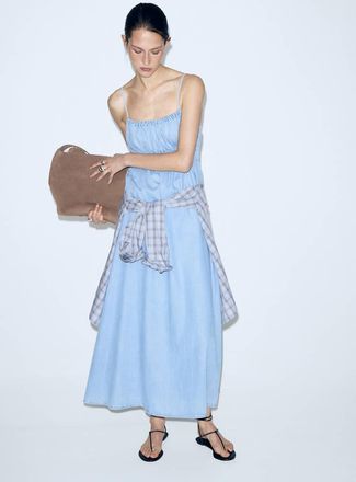 Mango Abito in denim lyocell con arricciature azzurro - Donna - XS - MANGO