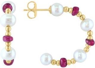 Effy 14K Yellow Gold 3.5-4.5mm Freshwater Pearl & Sapphire Beaded Hoop Earrings in Red at Nordstrom Rack