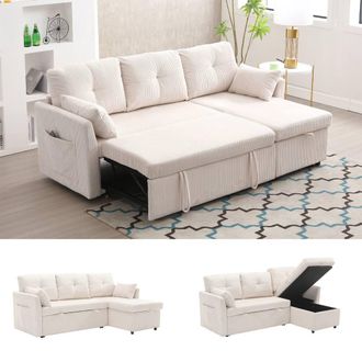Matteo Beige Corduroy L-Shape Sectional Sofa Bed with Storage Chaise