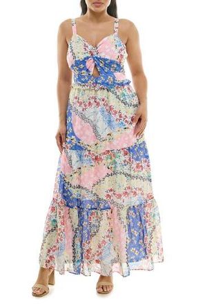 Nina Leonard Twist Front Maxi Dress in White Multi at Nordstrom Rack, Size Large