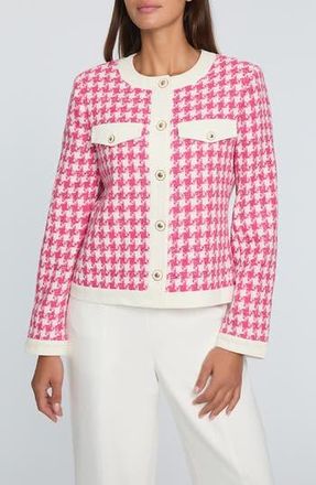 Elie Tahari The Farley Houndstooth Check Cotton Tweed Jacket in Haute Pink And Sky White at Nordstrom Rack, Size Small