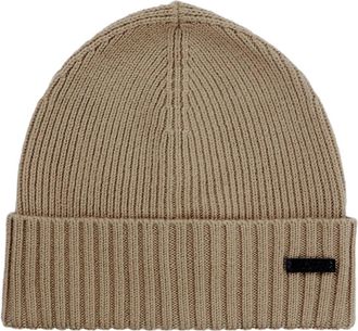 HUGO BOSS Fati Ribbed Beanie - Heren - Hoeden - Beige - ONE Size - Wol - Accessoires