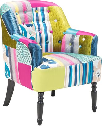 Beliani Beliani - Sill&oacute;n Tapizado En Tela Multicolor Azul Patchwork Club Botones Patas De Madera Mandal