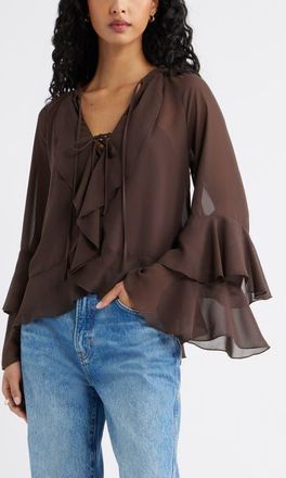 Open Edit Chiffon Ruffle Trim Top in Brown Seal at Nordstrom, Size Xx-Small