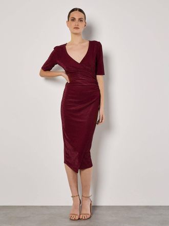 Apricot Foil Sparkle Metallic Side Ruched Dress In Burgundy