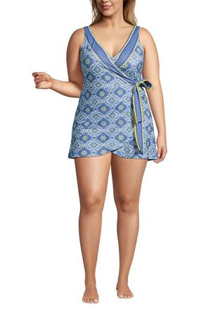 Lands End Side Tie Mini Swim Dress Swimsuit in Lake Blue/geo Floral Border at Nordstrom, Size 16W