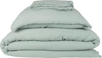Maisons du monde Juego de cama de gasa de algod&oacute;n org&aacute;nico verde agua con flecos de 240x260 cm