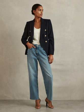 Reiss Navy Tailored Fit Textured Double Breasted Blazer, 12