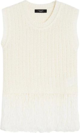 Max Mara Truien & Vesten, Dames, Wit, L, Linnen, Linnen gebreide top met franjes