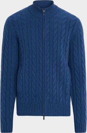 Neiman Marcus Mens Cashmere Cable Knit Full-Zip Sweater with Pockets