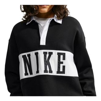 Nike (WMNS) Nike Studio Fleece Medium Weight Oversized Rugby Sweatshirt Total Black Sail IU1135-001