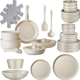 TecTake Set b&aacute;sico de cocina para 6 personas, 40 piezas, gris topo/blanco