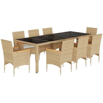 vidaXL Set Comedor Jard&iacute;n 9 Pzas Cojines Rat&aacute;n Sint&eacute;tico Vidrio Beige Vidaxl