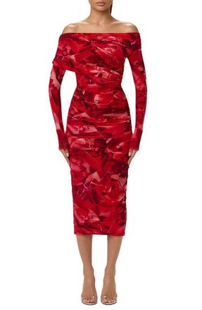 Naked Wardrobe Bare Body Print Off the Shoulder Long Sleeve Midi Dress in Rouge Rose at Nordstrom, Size X-Small