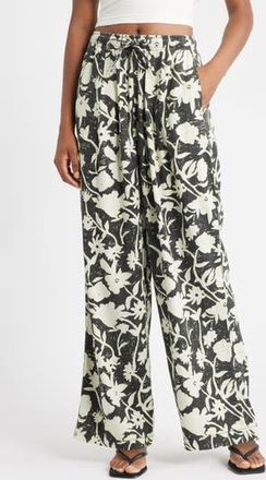 Topshop Mono Floral Wide Leg Drawstring Pants in Ivory Multi at Nordstrom Rack, Size X-Small
