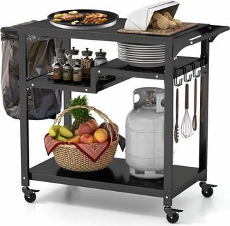 Costway Carrello Barbecue da Esterno, Carrello BBQ Portatile con 3 Ripiani, 4 Ruote Bloccabili, Ganci, Maniglia Laterale, per Cucina, Giardino