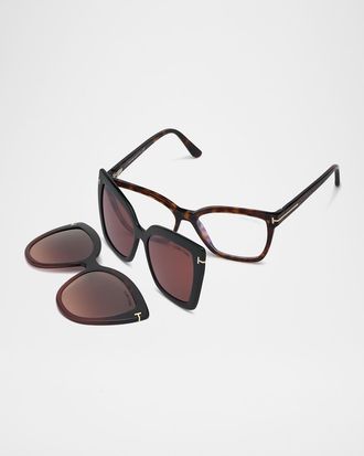 Tom Ford Square Blue-Block Optical Frames w/ Two Magnetic Sunglasses Clips