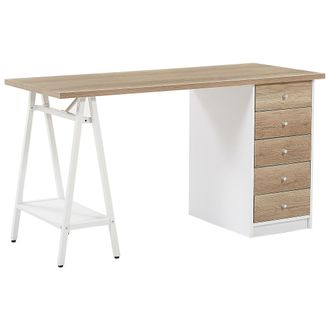Beliani Beliani - Escritorio Para Oficina En Casa Tablero De Madera Clara 140 X 60 Cm Con Cajones Marco Blanco Heber