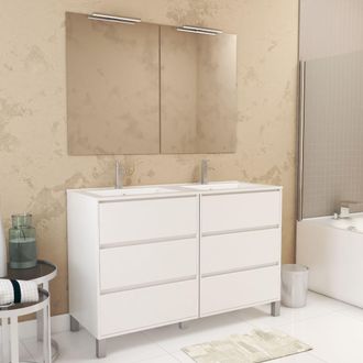 Aurlane Mueble De Ba&ntilde;o 120cm Blanco Lacado 6 Cajones, Lavabo, 2 Espejos 60x80 Con Apliques Led